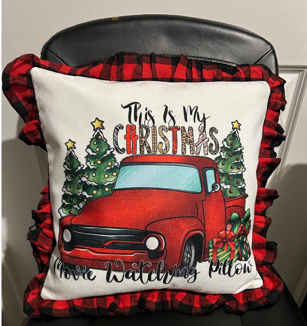 16x16 Christmas pillow with the text 'This is My Christmas Movie' Watching Pillow in festive colors, perfect for holiday decor."