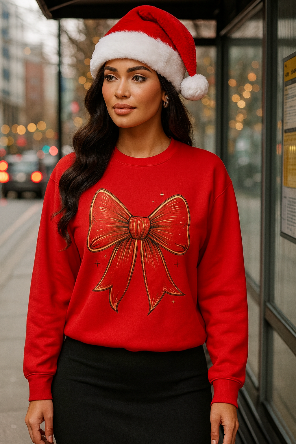 Holiday Glam Bow Sweatshirt – Red