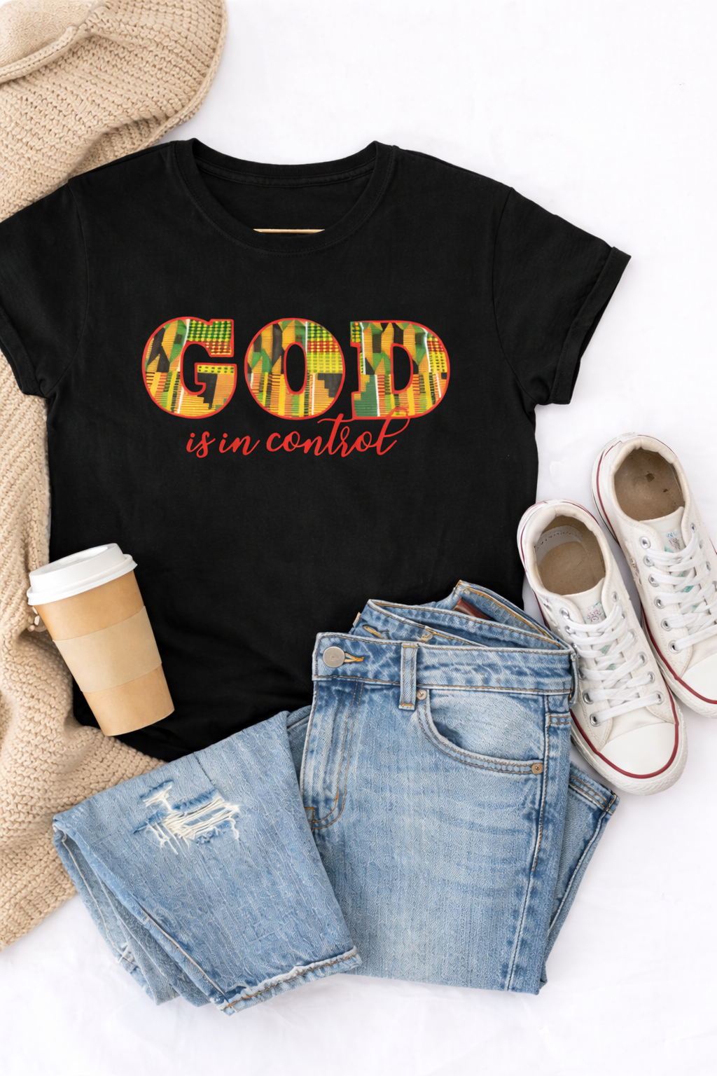God Is In Control” Kente Print Tee – Black History Month Edition