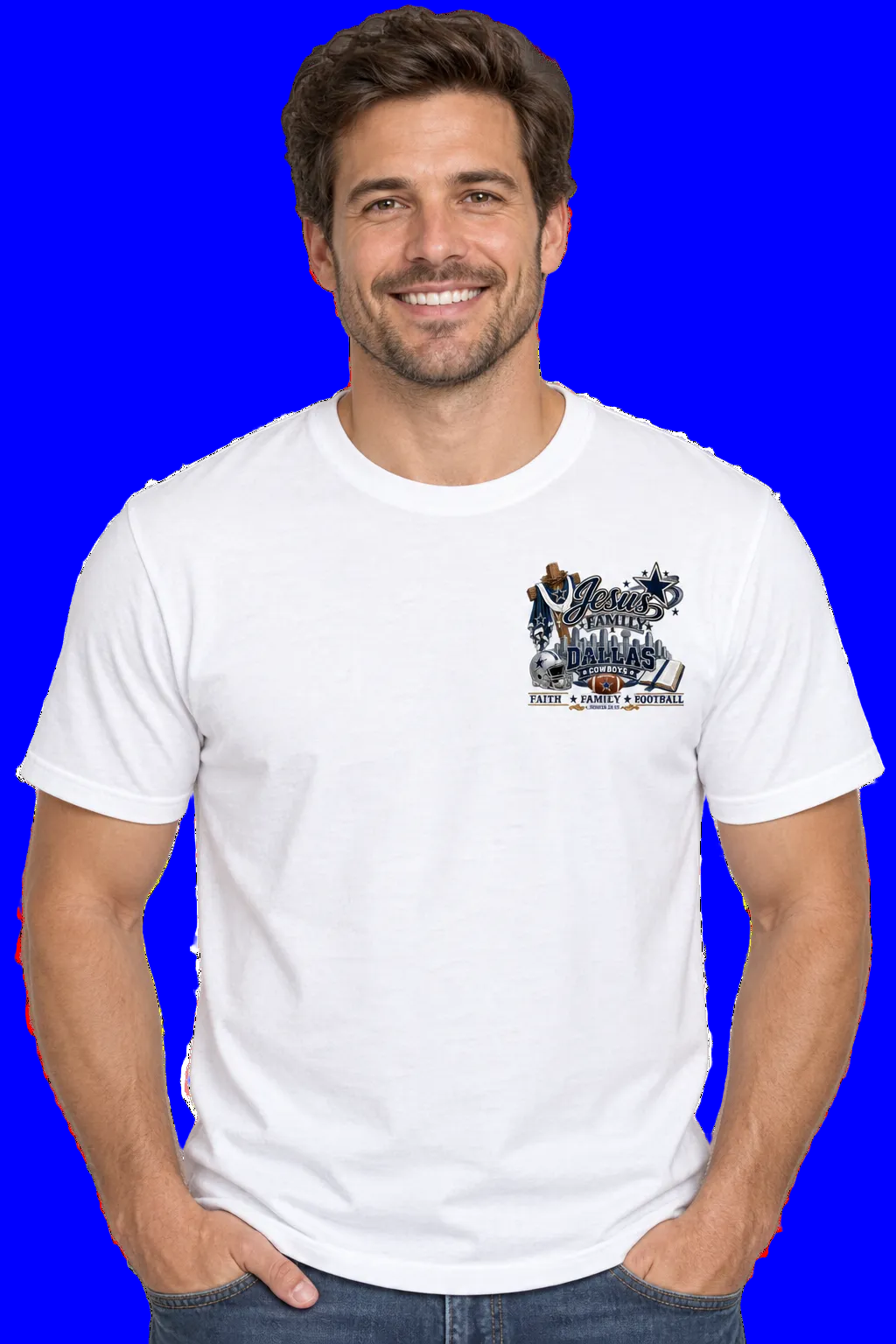 A smiling man wearing a white short-sleeve crewneck t-shirt with a small graphic on the left chest that reads 'Jesus, Family & Football.
