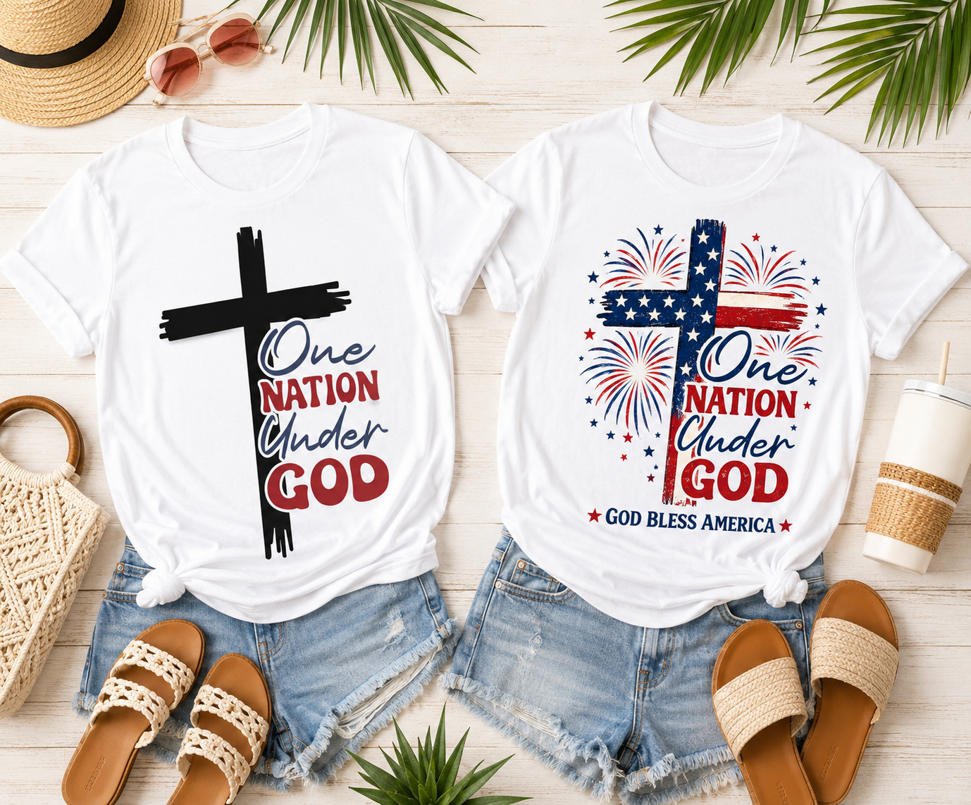 Two white One Nation Under God T-shirts: Classic Cross and Patriotic Fireworks Edition with flag cross.