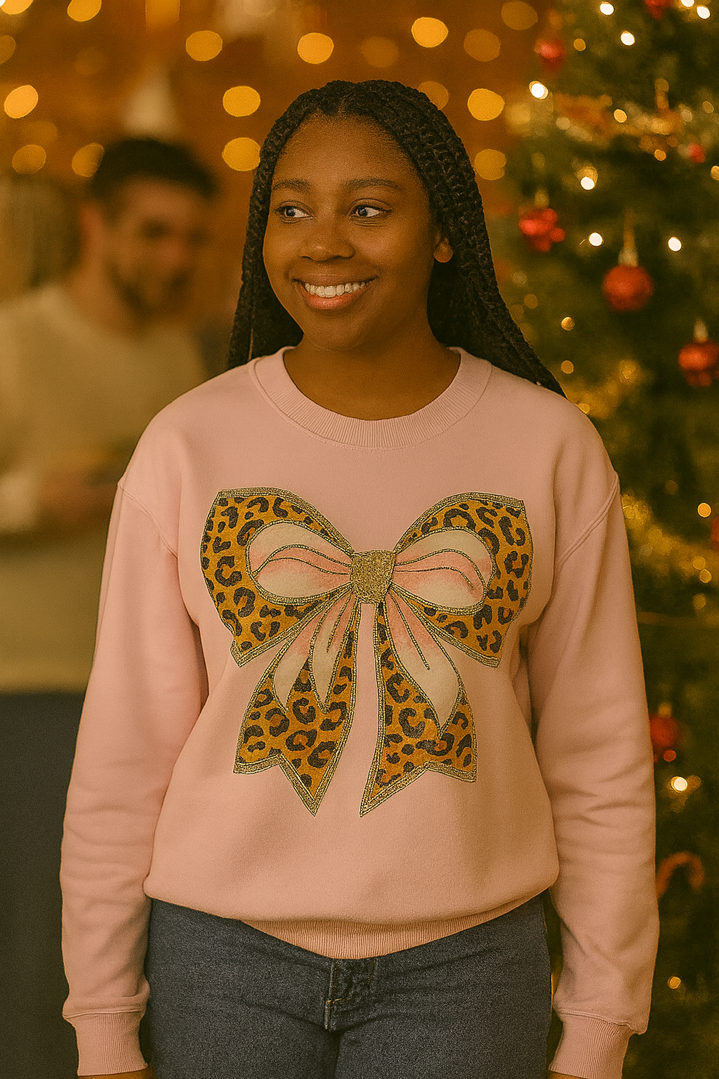 Holiday Glam Leopard Bow Sweatshirt