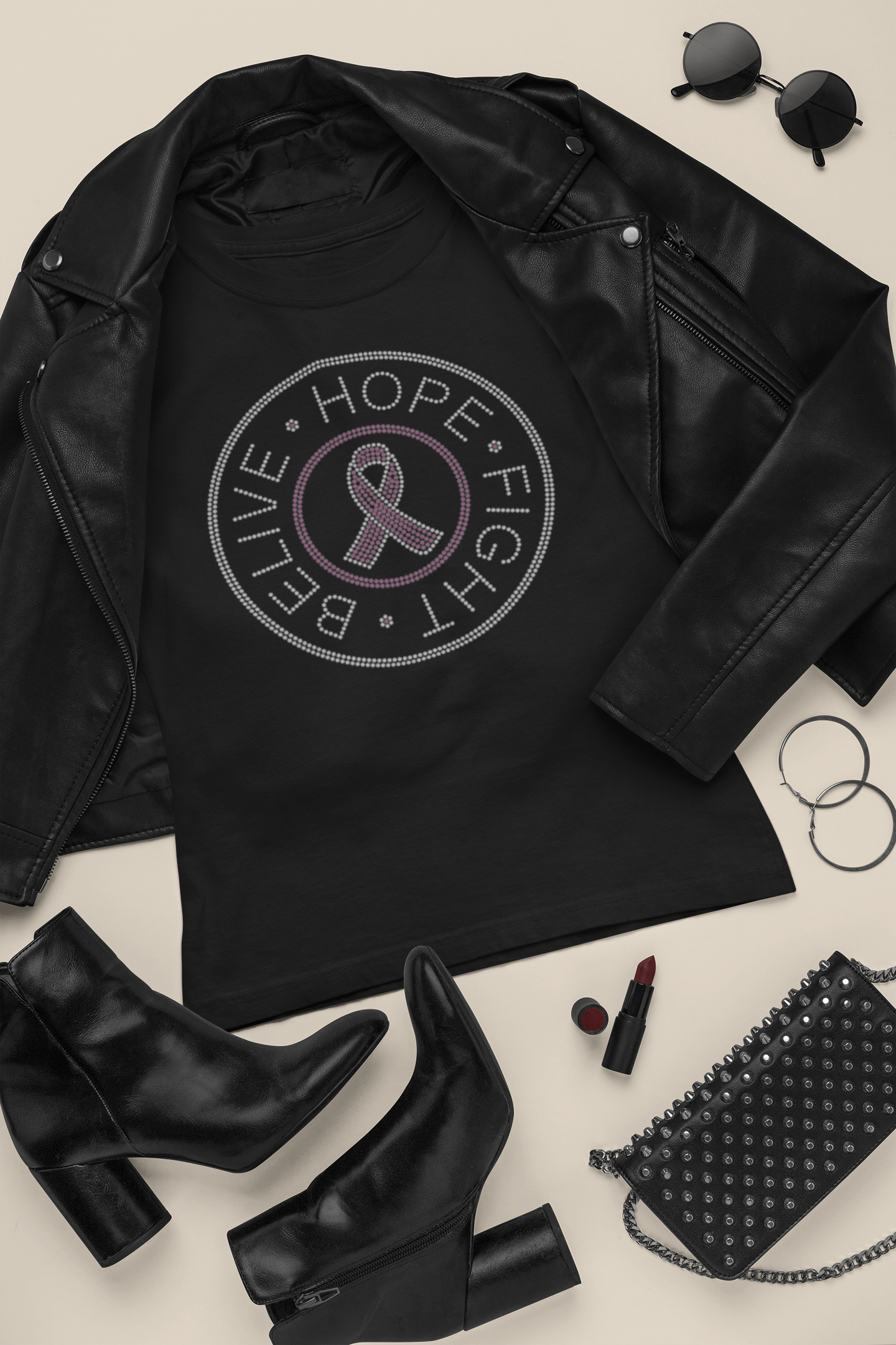 Custom Rhinestone "Believe, Hope, Fight" Cancer Awareness T-Shirt