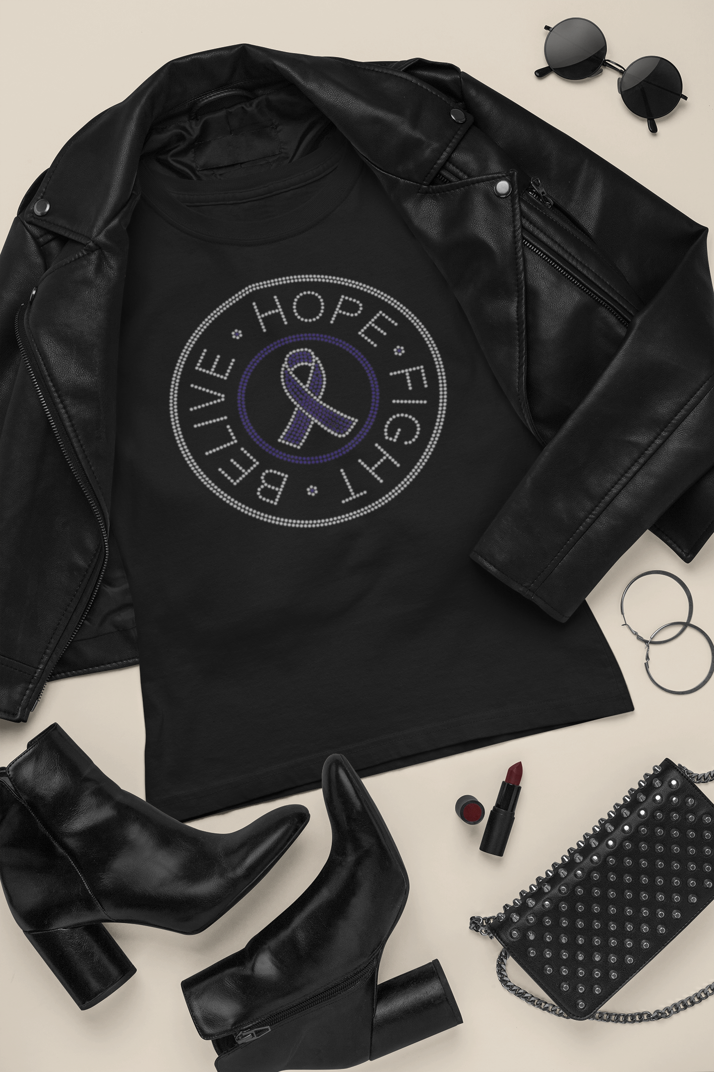 Custom Rhinestone "Believe, Hope, Fight" Cancer Awareness T-Shirt