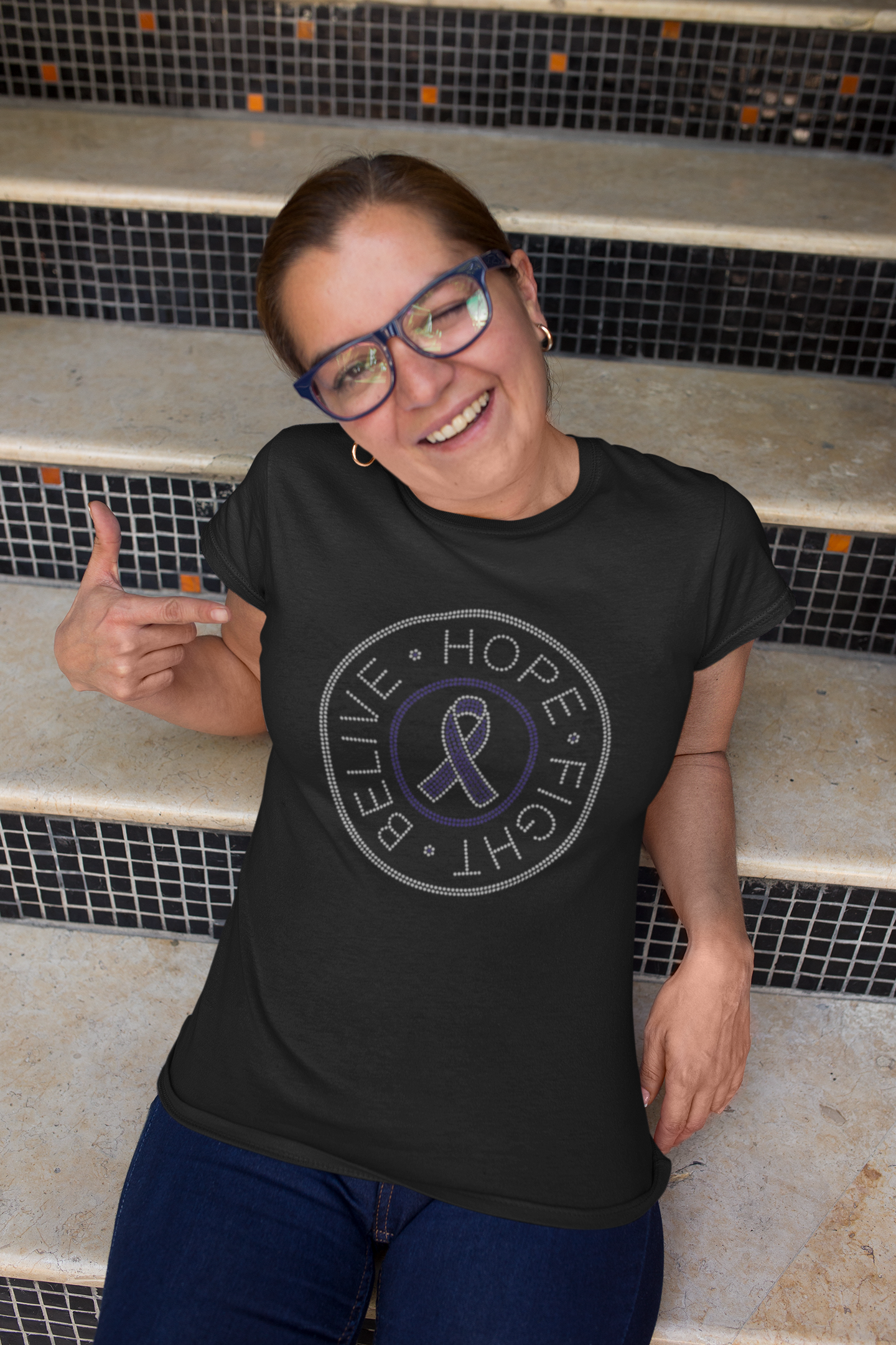 Custom Rhinestone "Believe, Hope, Fight" Cancer Awareness T-Shirt