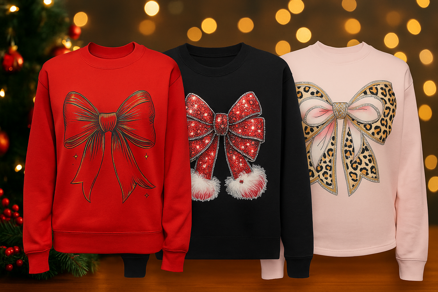 Woman wearing red Holiday Glam Bow Sweatshirt with gold bow design