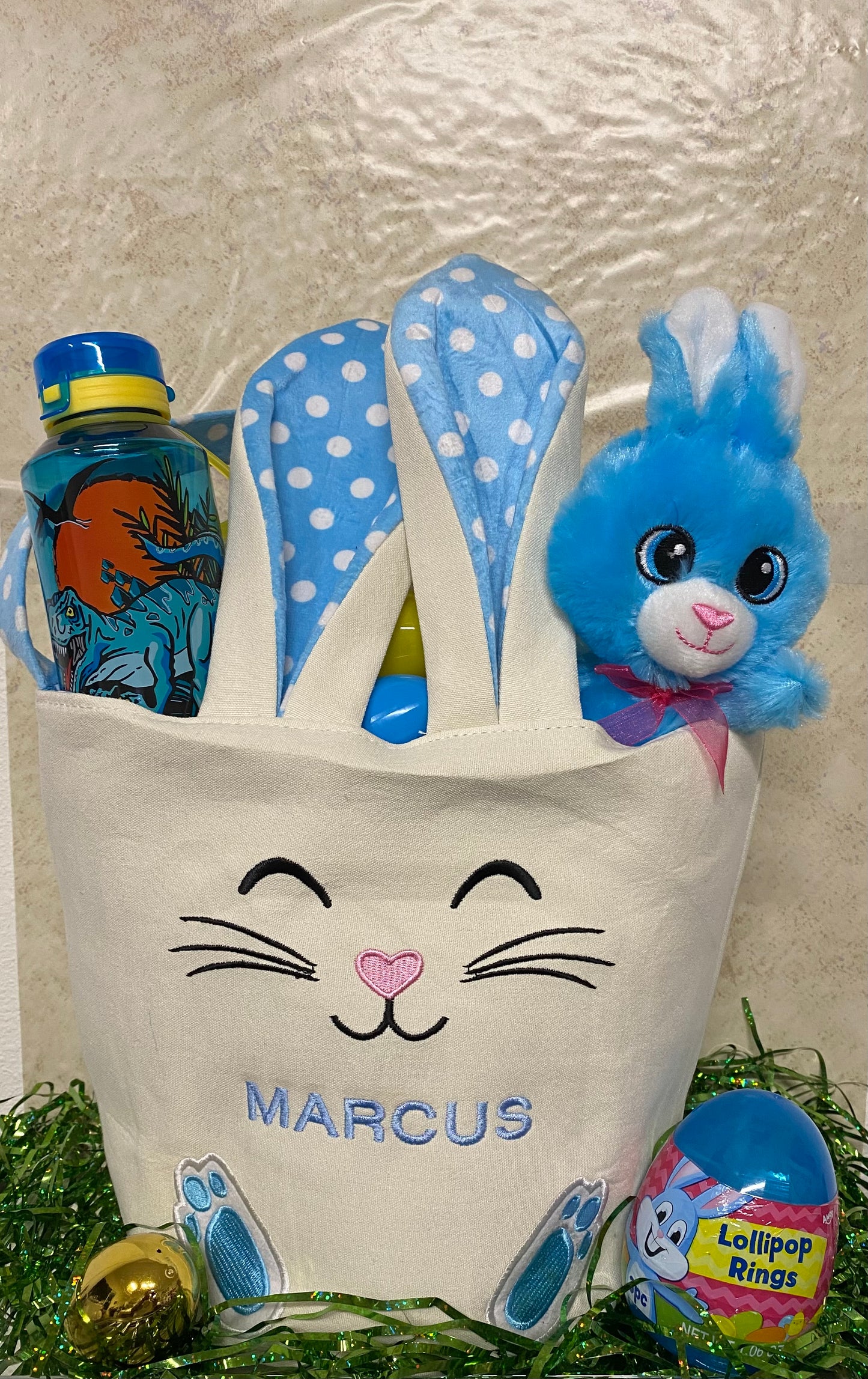 Personalized Embroidered Bunny Face Easter Basket – Pink or Blue 🐰🎀