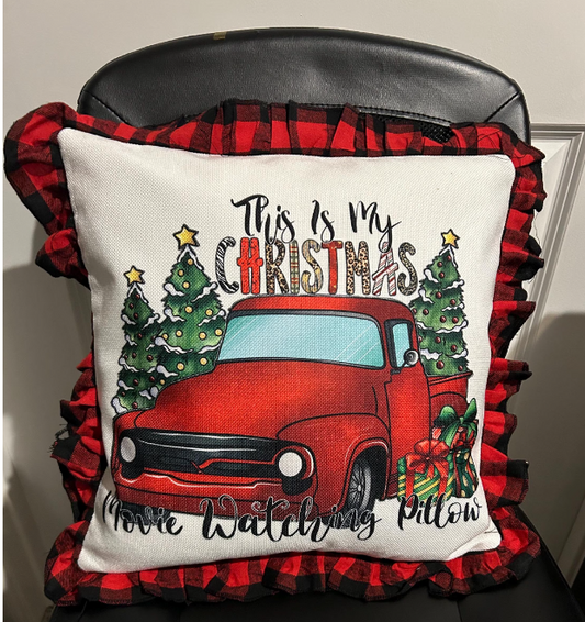 16x16 Christmas pillow with the text &#39;This is My Christmas Movie&#39; Watching Pillow in festive colors, perfect for holiday decor.&quot;