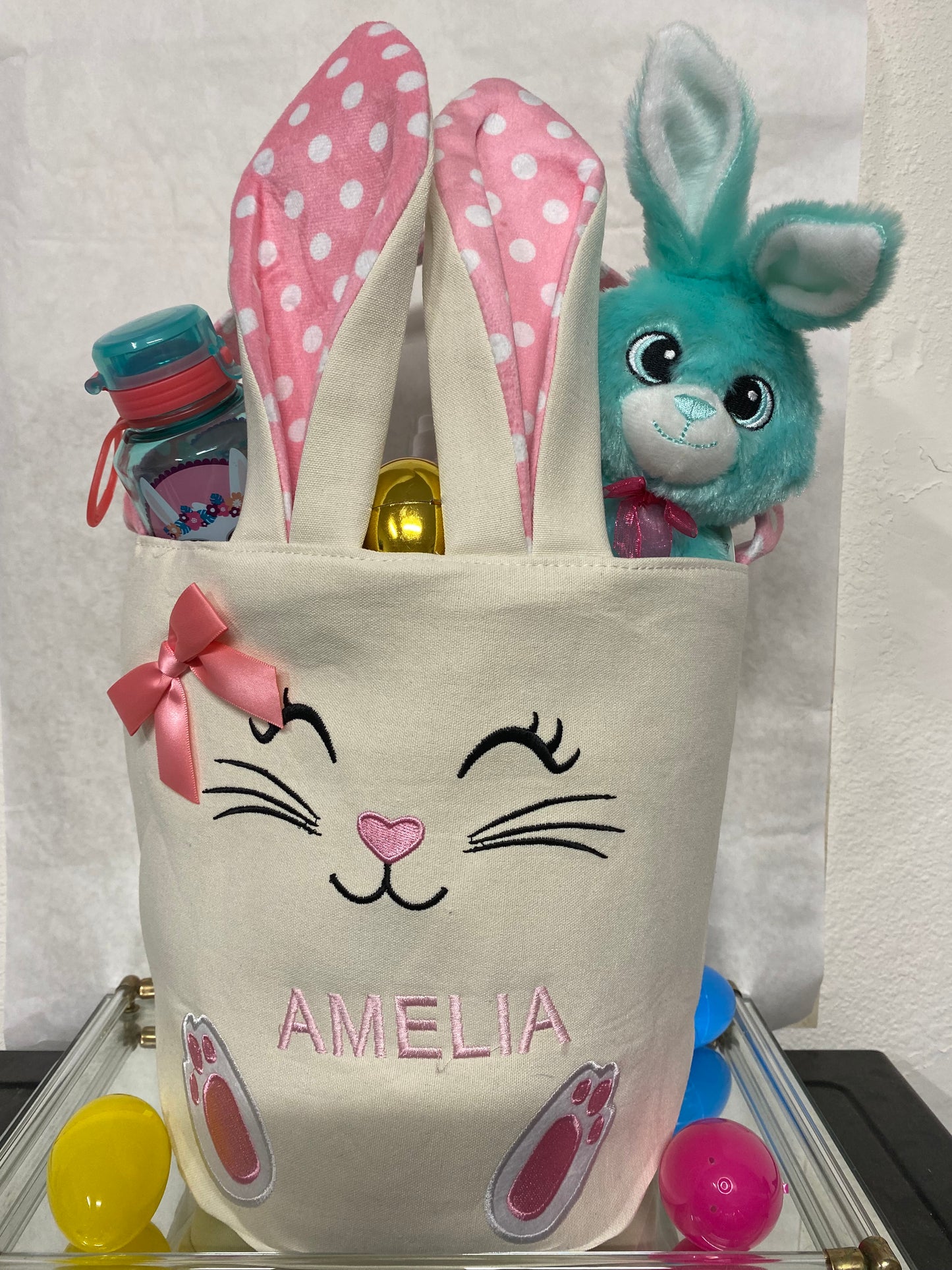 Personalized Embroidered Bunny Face Easter Basket – Pink or Blue 🐰🎀