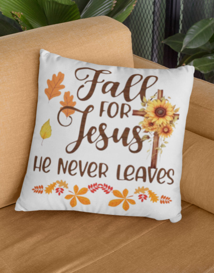 Festive Fall pillow with the saying “Fall For Jesus