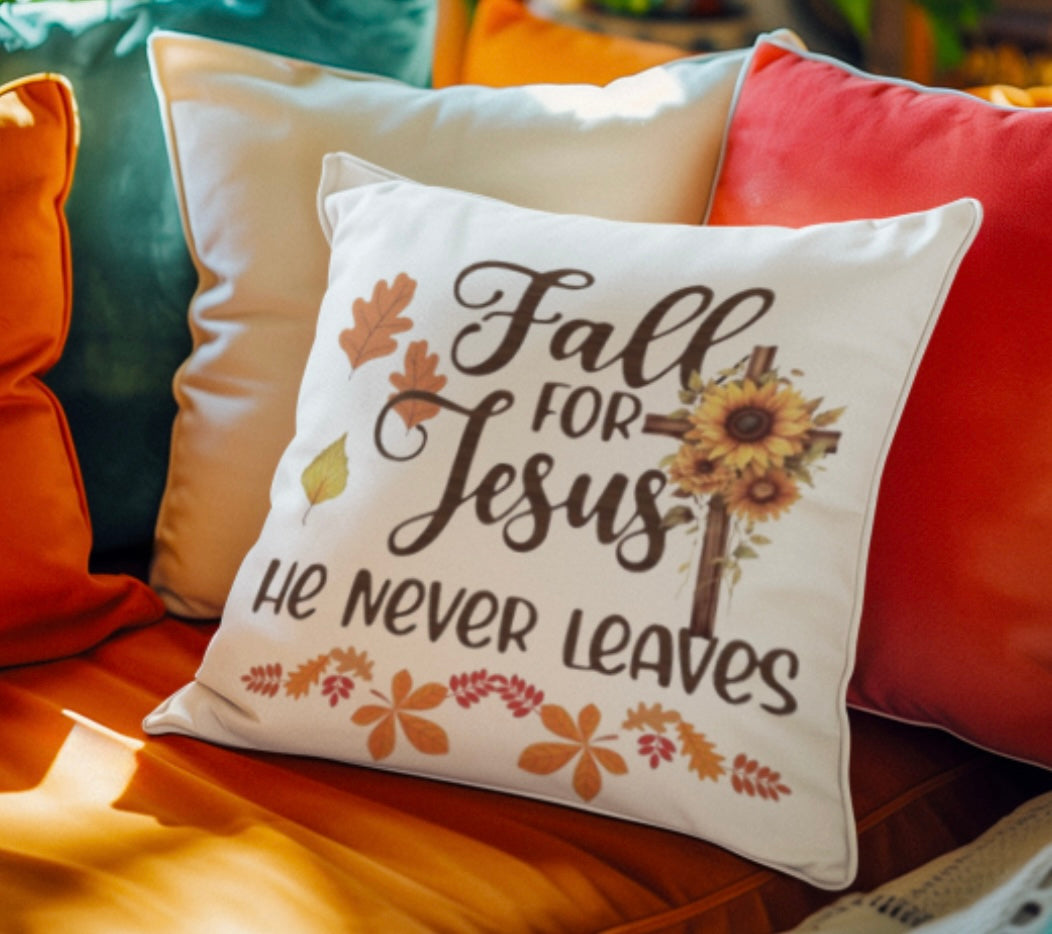 Festive Fall pillow with the saying “Fall For Jesus