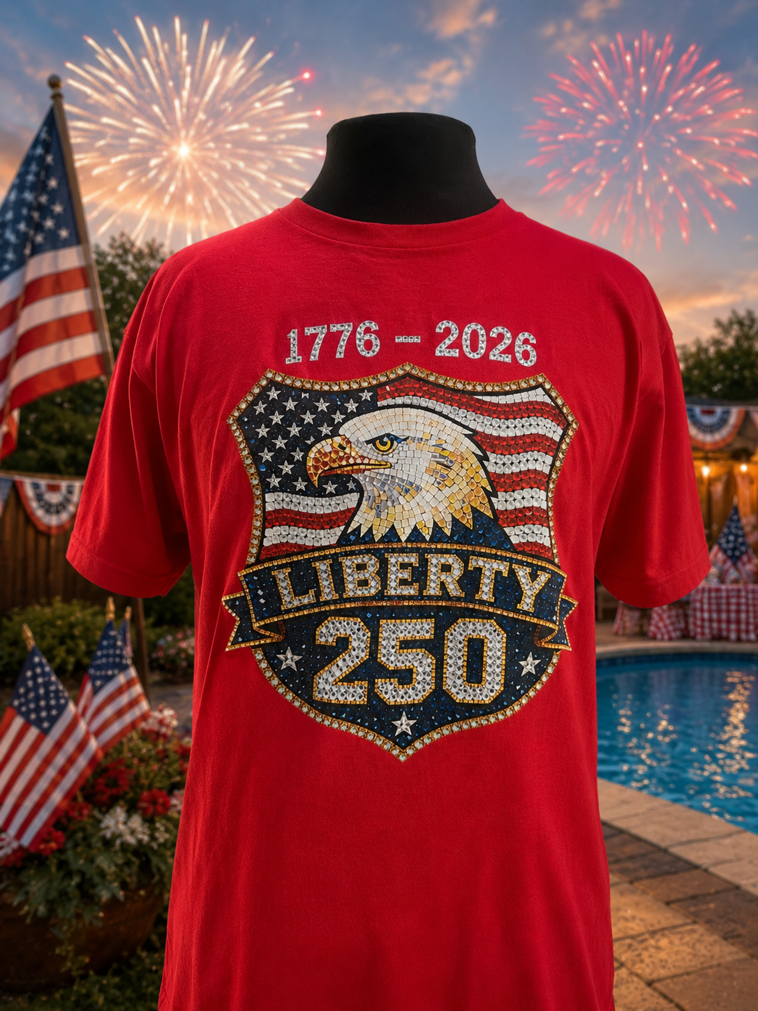 Liberty 250 patriotic T-shirt with rhinestone eagle and American flag shield, 1776-2026