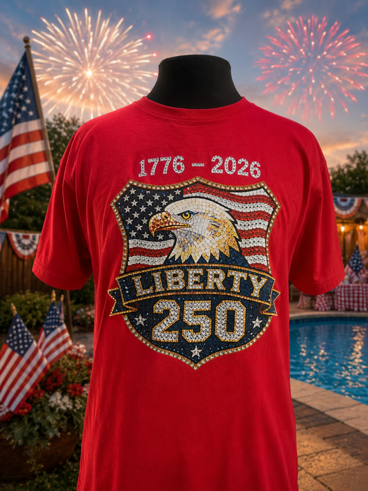 Liberty 250 patriotic T-shirt with rhinestone eagle and American flag shield, 1776-2026