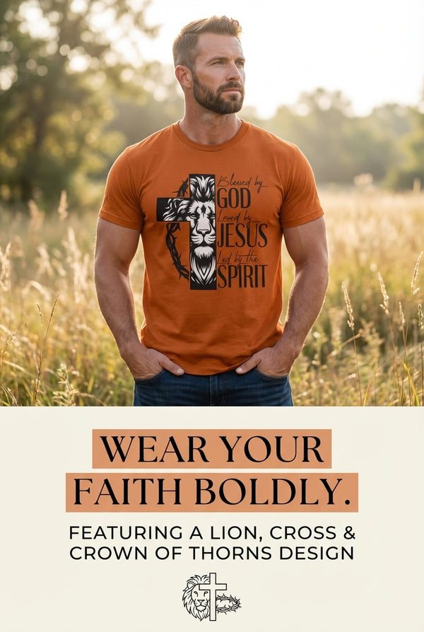 Man wearing a Texas Orange Blessed by God Christian T-shirt with a lion and cross design; graphic reads “Wear your faith boldly.”