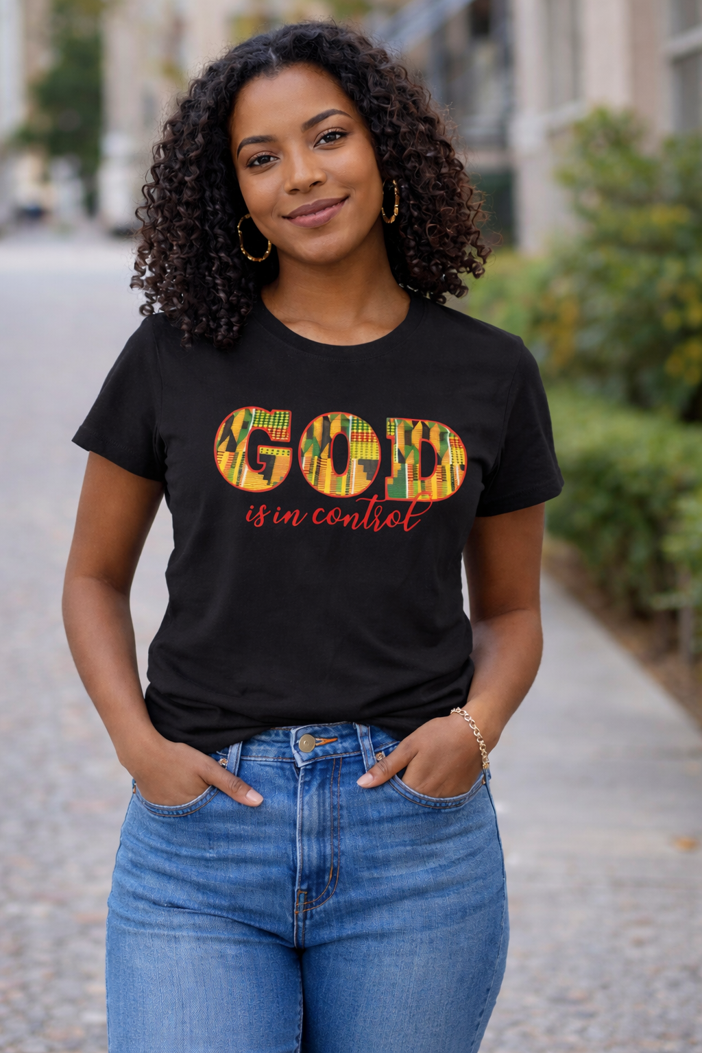 God Is In Control” Kente Print Tee – Black History Month Edition