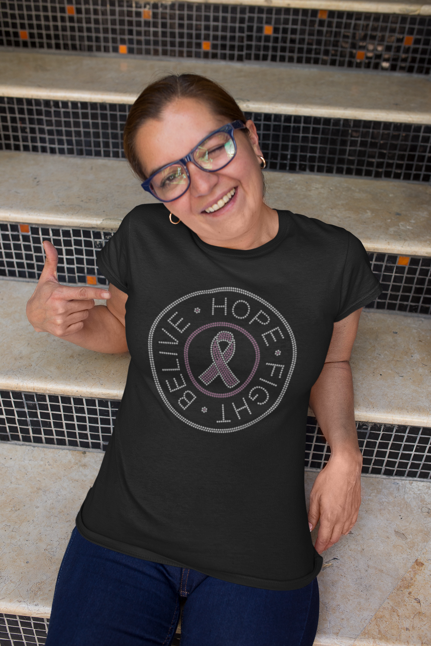 Custom Rhinestone "Believe, Hope, Fight" Cancer Awareness T-Shirt