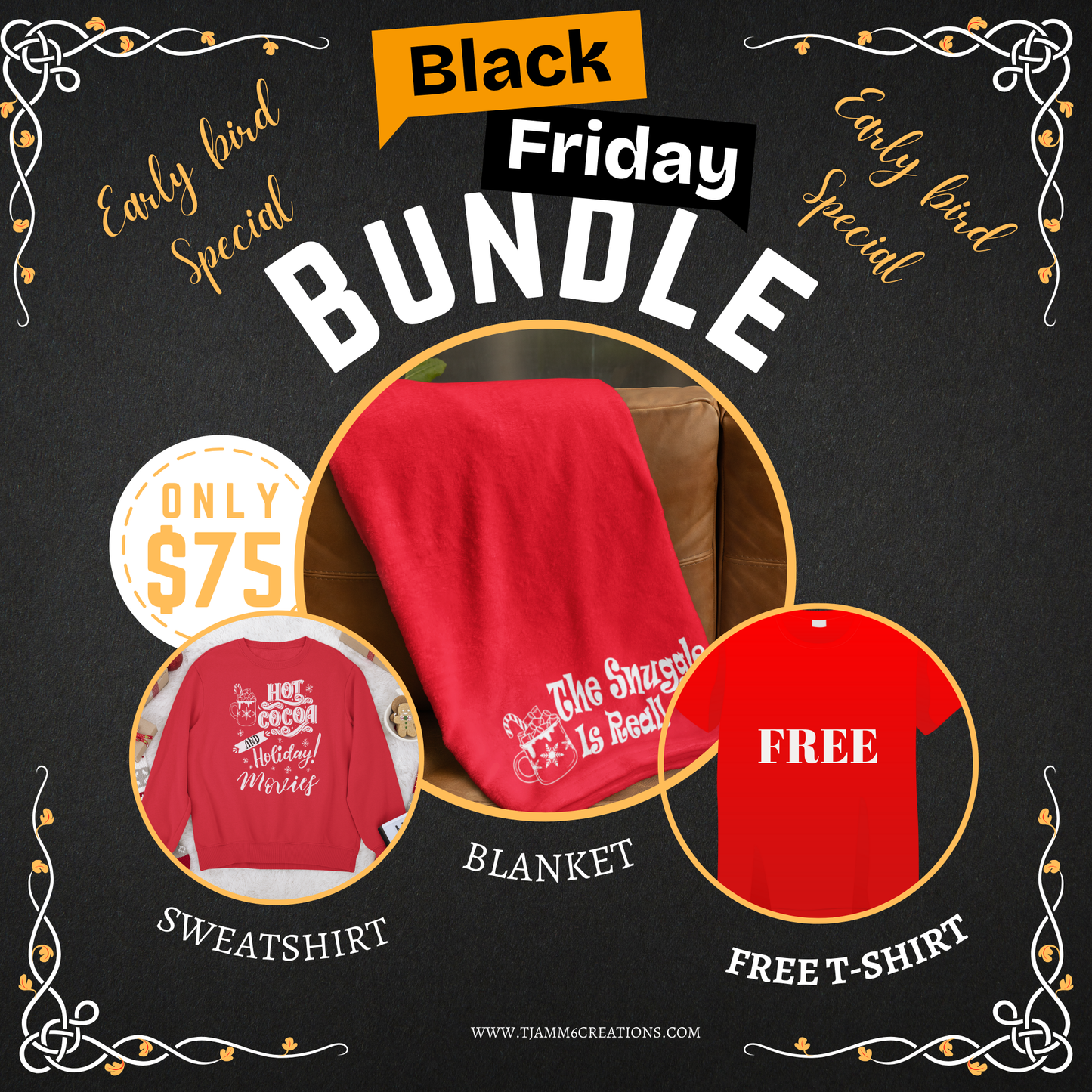 The Snuggle is Real Bundle – Blanket, Hot Cocoa and Movies Sweatshirt, & FREE T-Shirt!