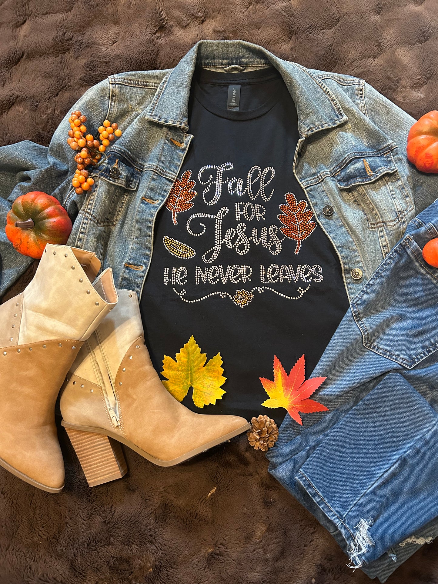 Sparkle with Faith in Our Bling “Fall for Jesus He Never Leaves” T-shirt!