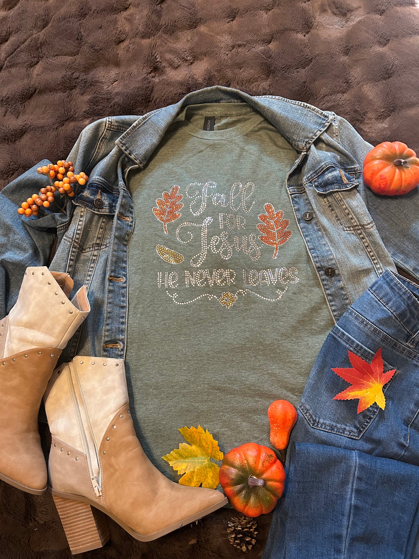 Sparkle with Faith in Our Bling “Fall for Jesus He Never Leaves” T-shirt!